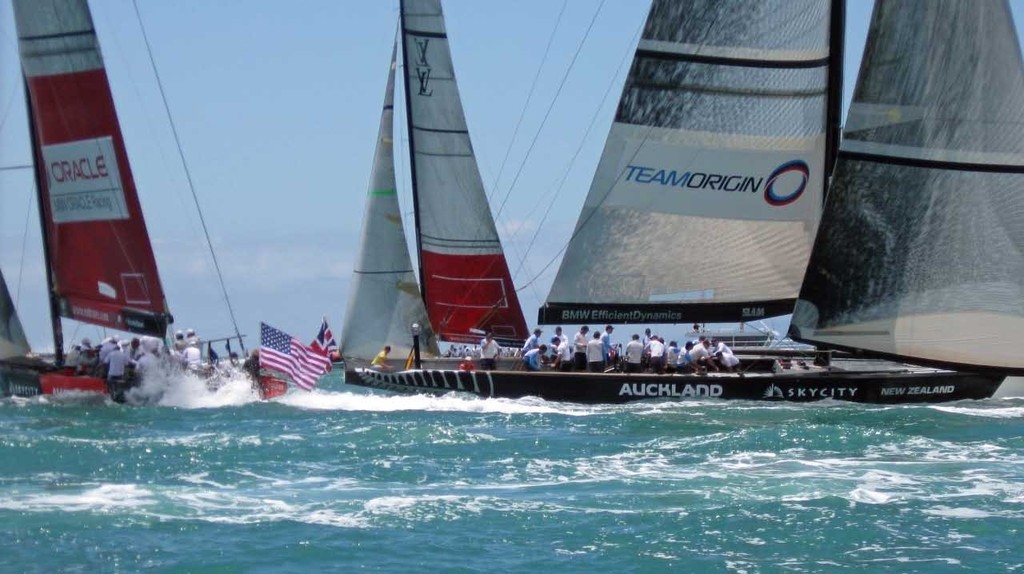 Ben Ainslie and Russell Coutts go for it at the start © Murray de Lues