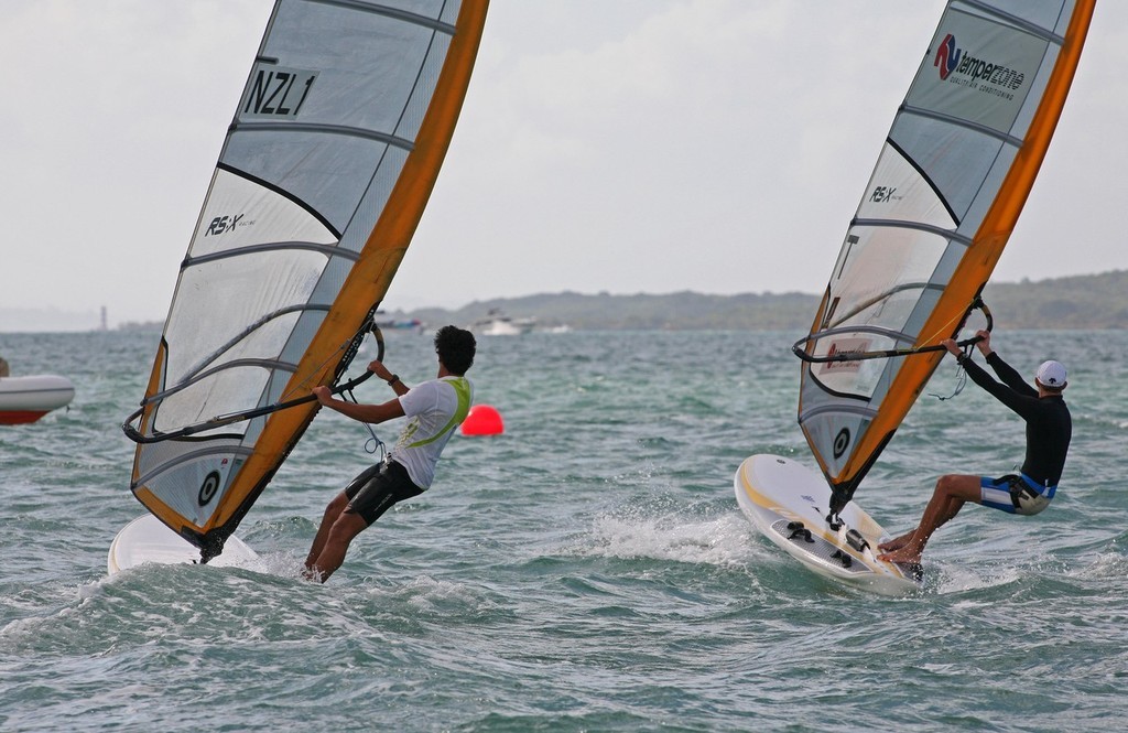 Ashley (right) and Cozzolino (left) warm up before racing - Singapore Airlines Sail Auckland  © Terry Fong www.afaphoto.co.nz