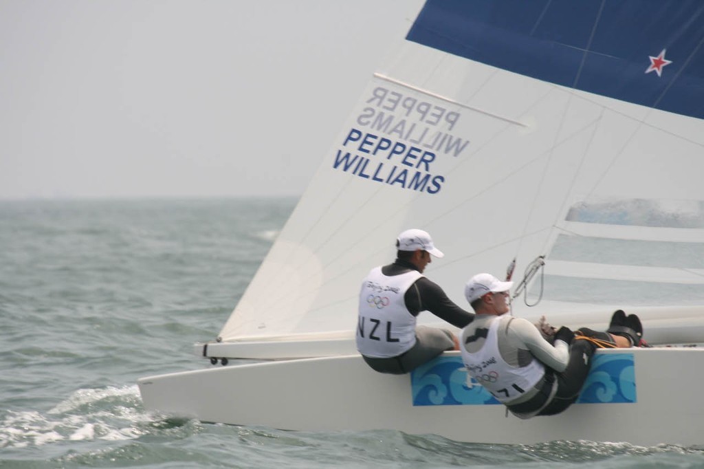 Most of the offshore courses at the Qingdao Olympics were conducted against a backdrop of seahaze. © Richard Gladwell www.photosport.co.nz