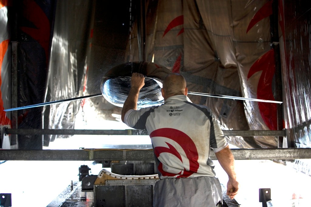 Alinghi’s keel bulb unveiled. The strut deflection caused by a 20 tonne bulb is an engineering challenge © Ivo Rovira /Alinghi