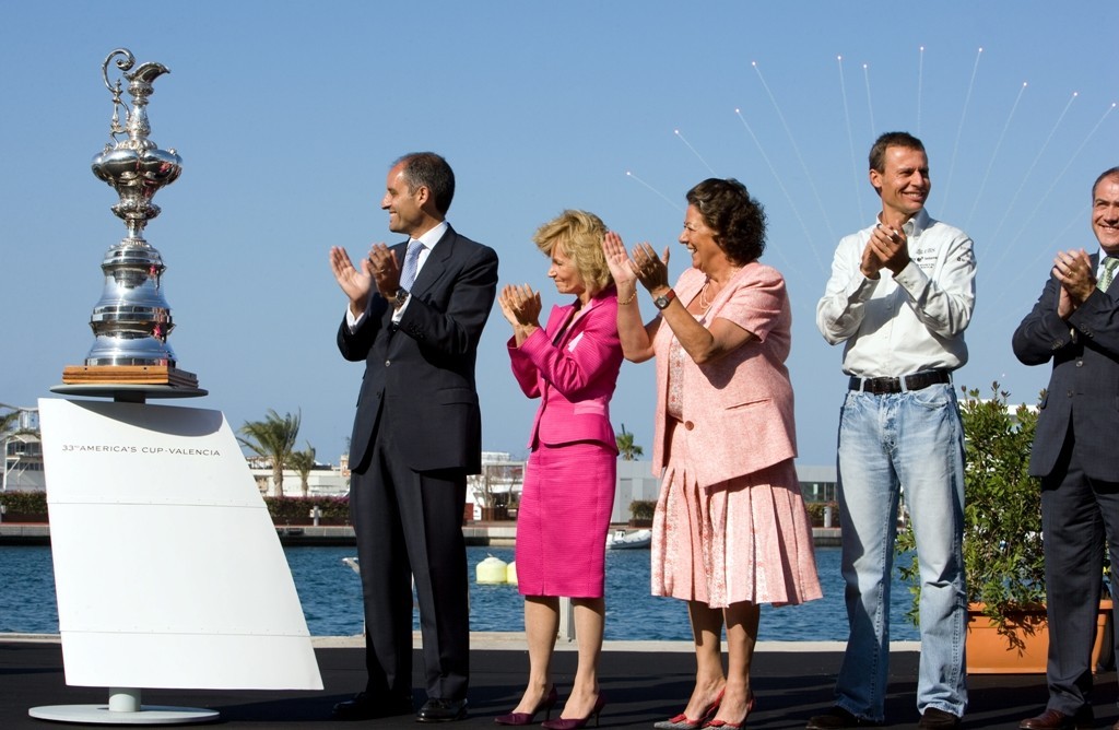 Announcement of the 33rd America’s Cup. From left to right, Francisco Camps, President of Generalitat Valenciane, Elene Salgado, Spanish Minister of Infrastructure, Rita Barberà, Mayoress of Valencia, Ernesto Bertarelli, Alinghi Head Syndicate. photo copyright Ivo Rovira /Alinghi taken at  and featuring the  class