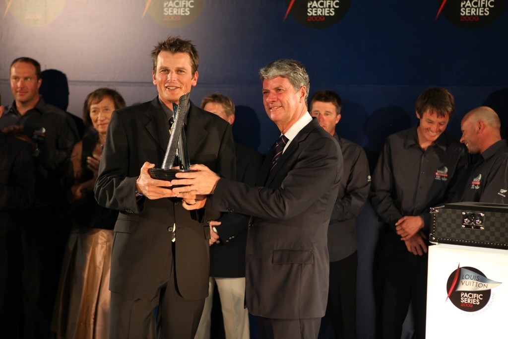 Dean Barker (left) and Yves Carcelle with the Louis Vuitton Pacific Series Trophy. Photo: Luca Villata © Louis VuittonPacific Series www.louisvuitton-pacificseries.com