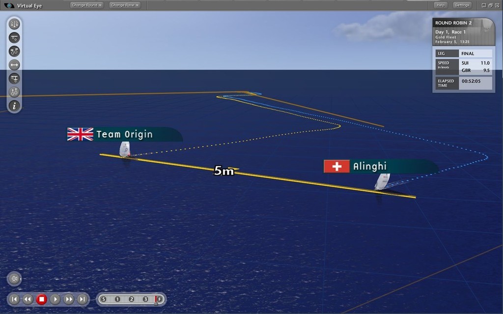 LVPS-Day6-midway down final run to finish - Alinghi rolls through Team Origin. Alinghi was sailing up to 1.5kts faster &copy; ARL Media http://www.arl.co.nz/