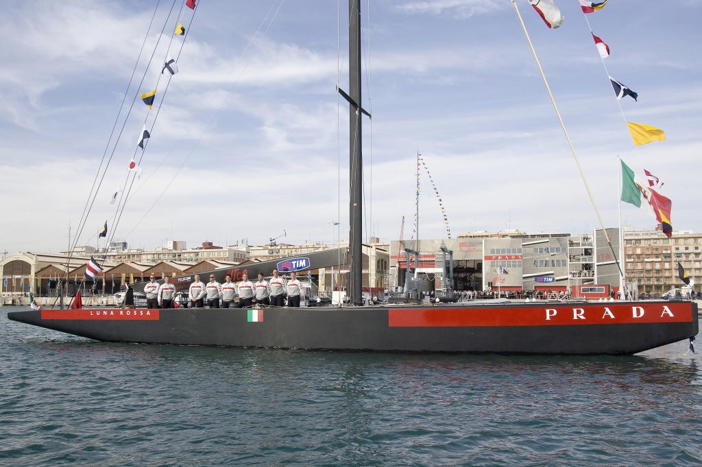 ITA-94 Luna Rossa’s sailing team line the rail after her launch in Valencia © Luna Rossa Challenge 2007 S.L.@ Carlo Borlenghi