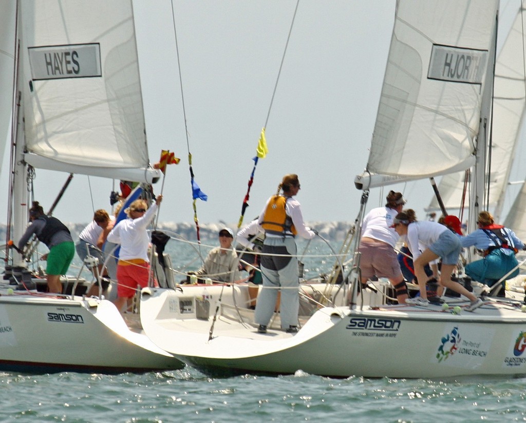 Sandy Hayes waves the protest flag against Liz Hjorth during the second round-robin in Friday’s racing.  - 2008 Mayor’s Cup Day 2 © Rick Roberts 