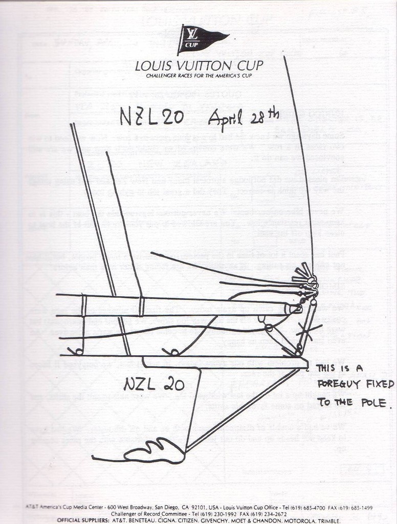 A diagram from 1992 Louis Vuitton Cup. A disqualification on this fine point of the racing rules eventually cost NZL-20 the Louis Vuitton Cup.  NZL-20&rsquo;s bowsprit and spinnaker pole were slightly reconfigured so the spinnaker was attached to the pole and the pole attached to the bowsprit, rather than the previous version which had the pole attached directly to the bowsprit which infringed if the crew was slow gybing. The original configuration saw NZL-20 deducted a race win after a protest hearing. photo copyright Event Media taken at  and featuring the  class