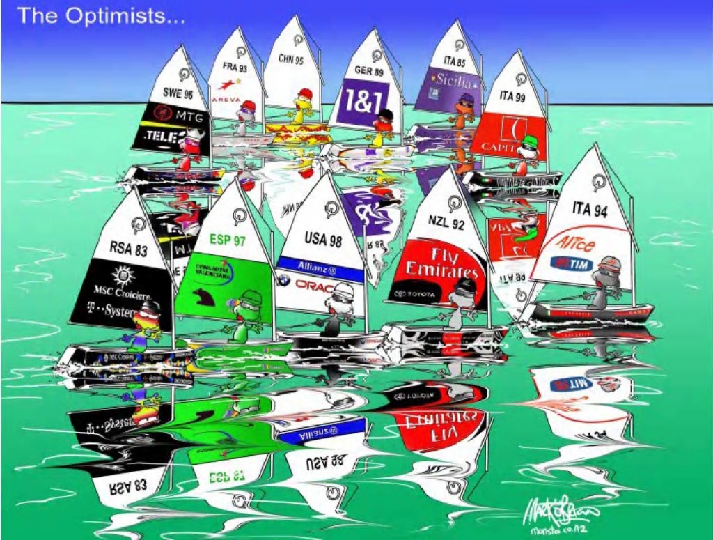 The Mark O’Brien Monsta cartoon whch will be auctioned for the NZ representatiuve Optimist Teams: April 20 ... the optimists head out in the hope of a race... © Monsta http://www.monsta.co.nz