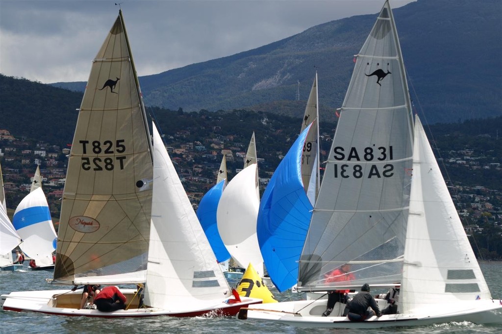 Intense rivalry at the mark between Tassie and the South Australians. - 67th Australian Sharpie Championship Hobart Day Four Images photo copyright Jane Austin taken at  and featuring the  class