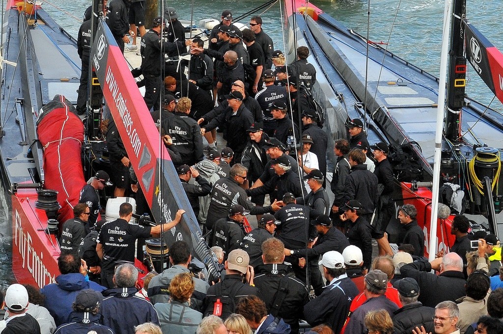 Handshakes and congratulations all round after the two boats dock for the Prize giving at the Louis Vuitton Pacific Series photo copyright George Layton taken at  and featuring the  class