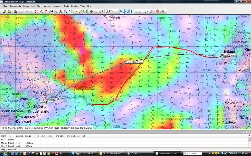 Prognosis at noon on 20 May (NZT) showing the wind system developing and the projected optimum course for the Volvo Ocean Race fleet on Leg 7 from Boston to Ireland. © PredictWind http://www.predictwind.com