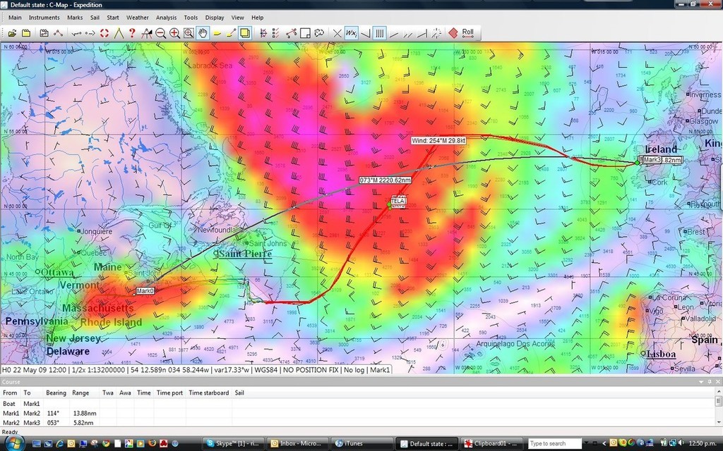 Prognosis at noon on 22 May (NZT) showing the fleet sailing in winds in excess of 25kts in the clutches of the wind system expected to dominate the leg for the Volvo Ocean Race fleet on Leg 7 from Boston to Ireland. © PredictWind http://www.predictwind.com