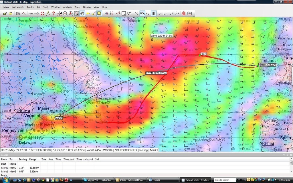 Prognosis at noon on 23 May (NZT) showing the fleet still sailing in winds in excess of 25kts but starting to exist the clutches of the wind system expected to dominate the leg for the Volvo Ocean Race fleet on Leg 7 from Boston to Ireland. © PredictWind http://www.predictwind.com