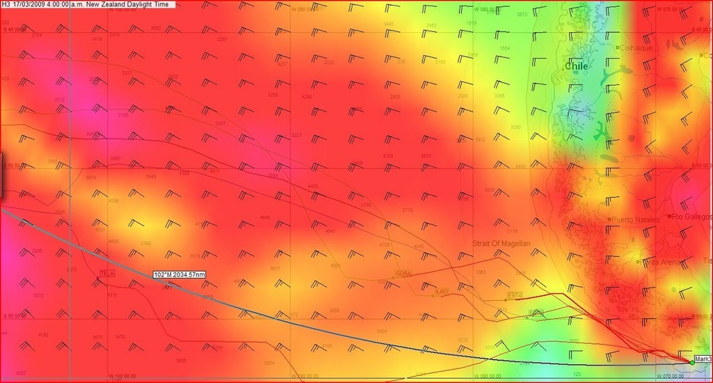 Positions at 1600hrs GMT on 16 March with wind shading and projected optimum tracks to Cape Horn - Volvo Ocean Race © Predictwind.com/iexpedition.org www.predictwind.com