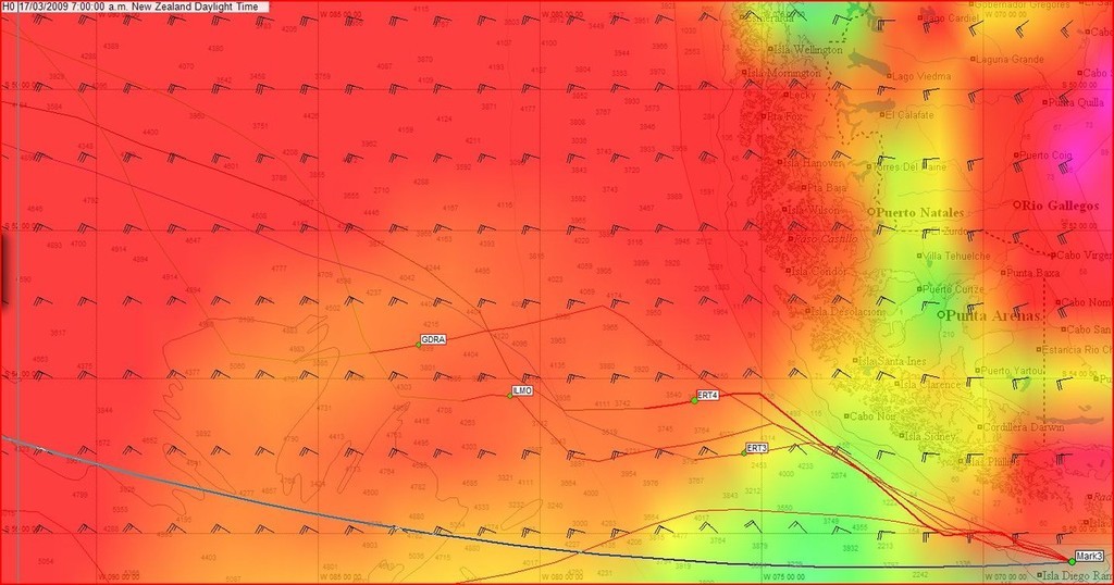 Positions at 1900hrs GMT on 16 March at Cape Horn with wind shading - Volvo Ocean Race © Predictwind.com/iexpedition.org www.predictwind.com