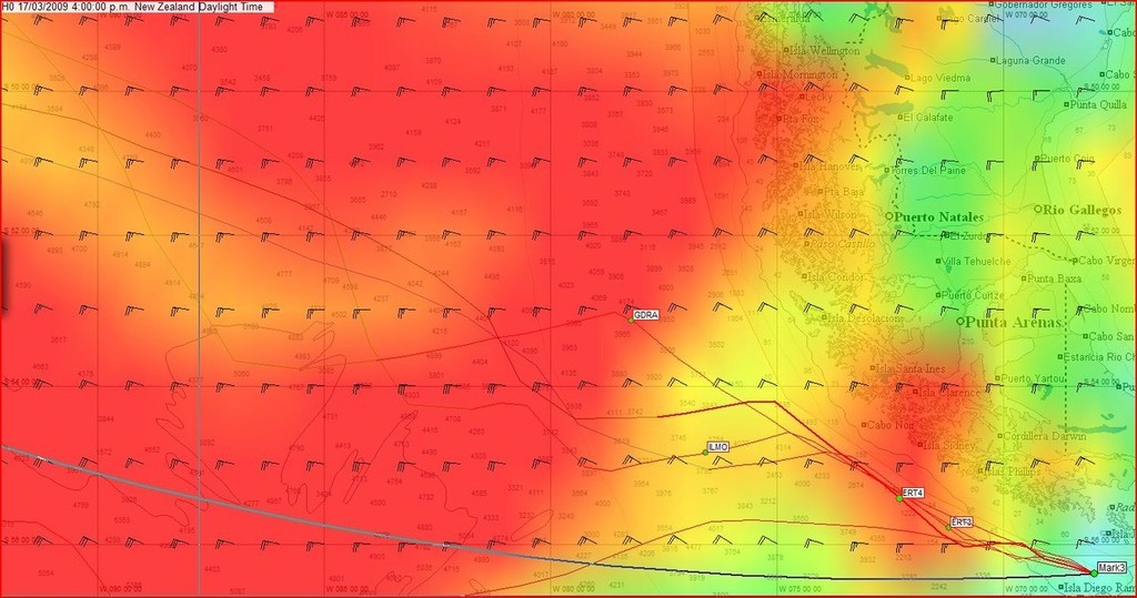 Positions at 0400hrs GMT on 17 March at Cape Horn with wind shading - Volvo Ocean Race © Predictwind.com/iexpedition.org www.predictwind.com