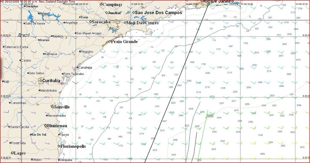 Position of Puma Racing at 1000NZT 26 March or 2100hrs UTC 25 March 2009 when she around 200nm to the finish in a direct line. © Predictwind.com/iexpedition.org www.predictwind.com