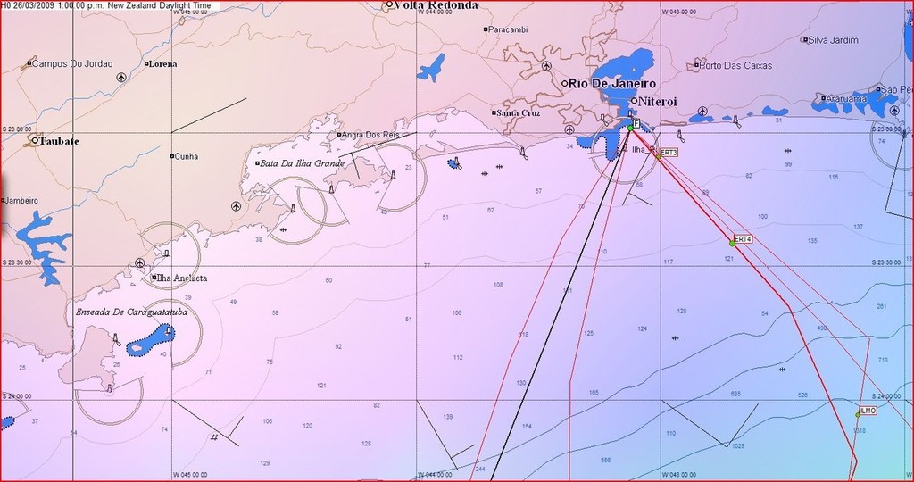 Prognosis close to finish of Leg 5 0100hrs on 26 March UTC with leaders finishing in light (10kt) tail winds - Volvo Ocean Race, Leg 5. The race actually finishes inside the harbour at Rio de Janeiro © Predictwind.com/iexpedition.org www.predictwind.com