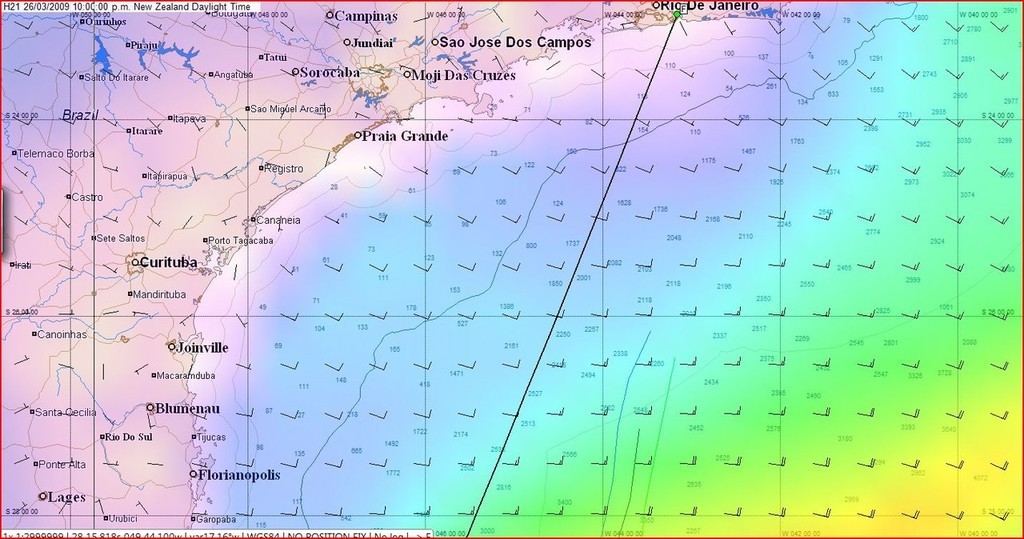PredictWind for 2200hrs (0900hrs UTC) NZT on 26 March showing stronger winds offshore and the area of light winds that has developed around the finish area in Rio. © Predictwind.com/iexpedition.org www.predictwind.com