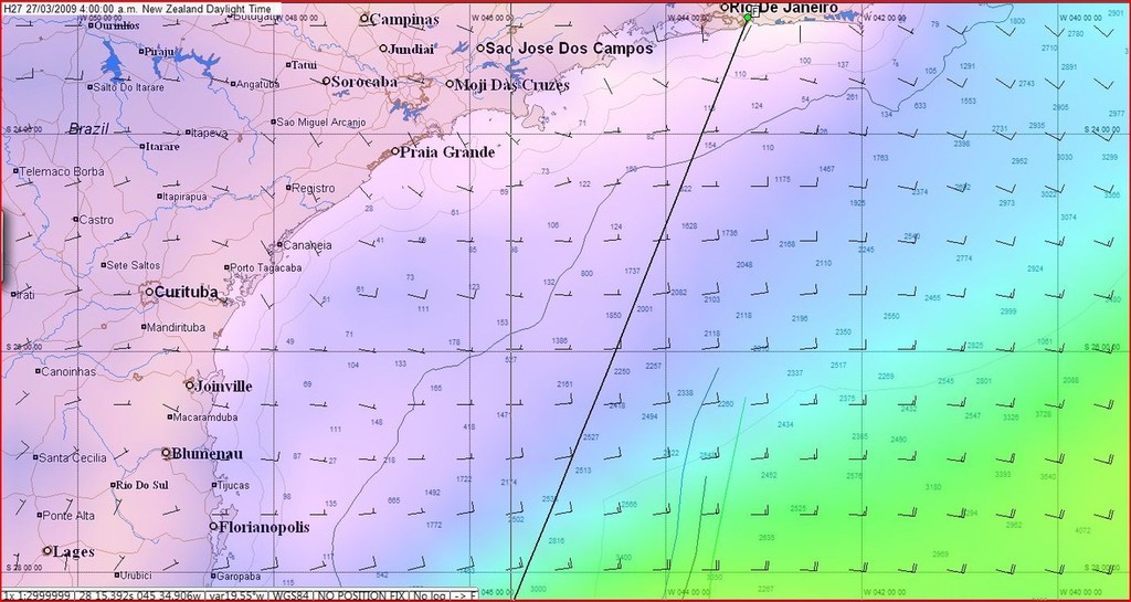 PredictWind for 0400hrs on 27 March or 1500hrs (UTC) on the 26 March showing stronger winds offshore have receded and the light airs area has expanded further offshore. © Predictwind.com/iexpedition.org www.predictwind.com