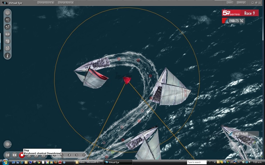 1 -Rounding the windward mark for the first time in Race 9, after Emirates Team MZ and Synergy, Pisco Sour comes into the mark on port and has a problem with Artemis (lower left hand corner) on starboard © ARL Media http://www.arl.co.nz/