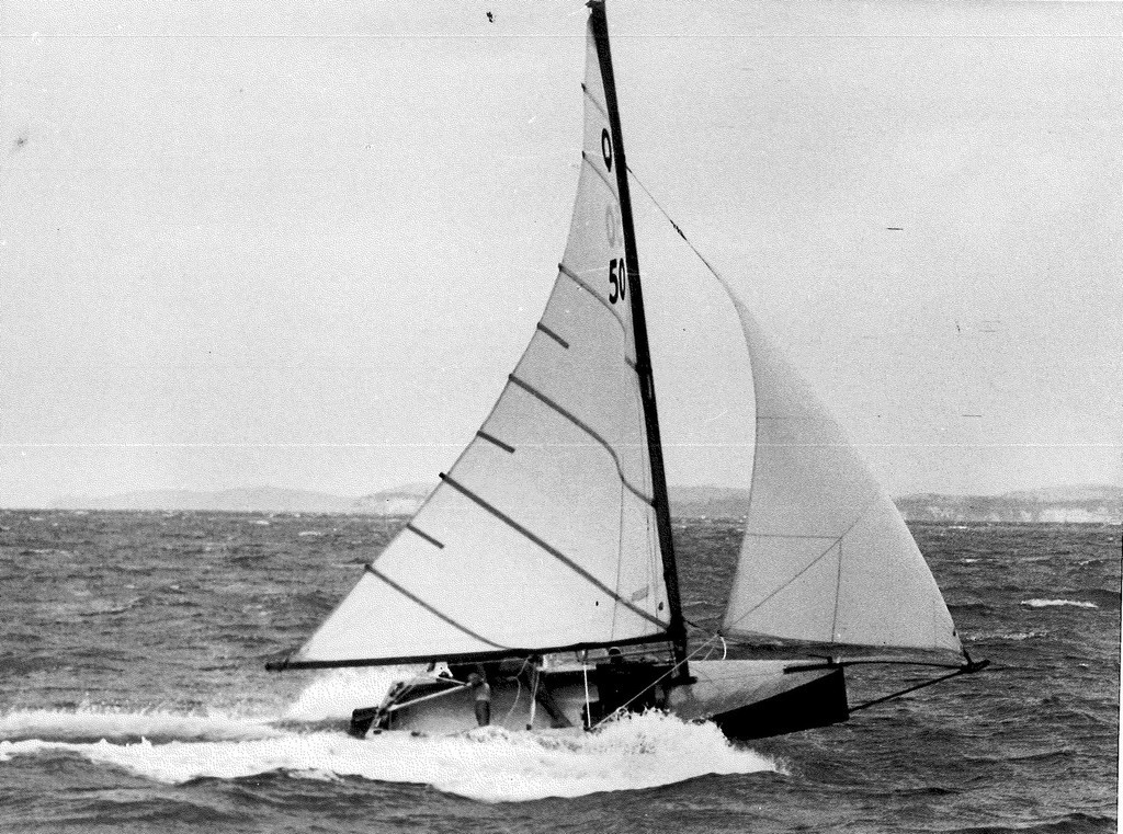Q 50 - Ken Rushbrook’s Vague, one of the top New Zealand boats in the second interdominion, held in Auckland. How fast do your reckon she is going?<br />
<br />
 © SW