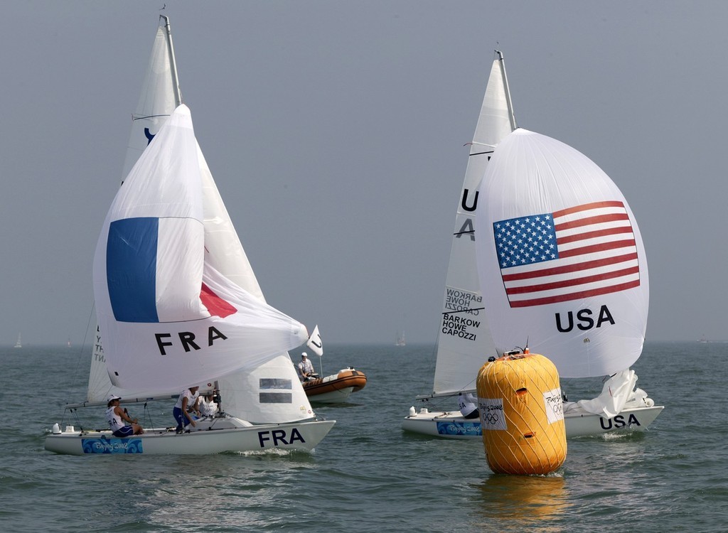 Qingdao Olympic Regatta 2008. USA and FRA, Yngling. © Guy Nowell http://www.guynowell.com