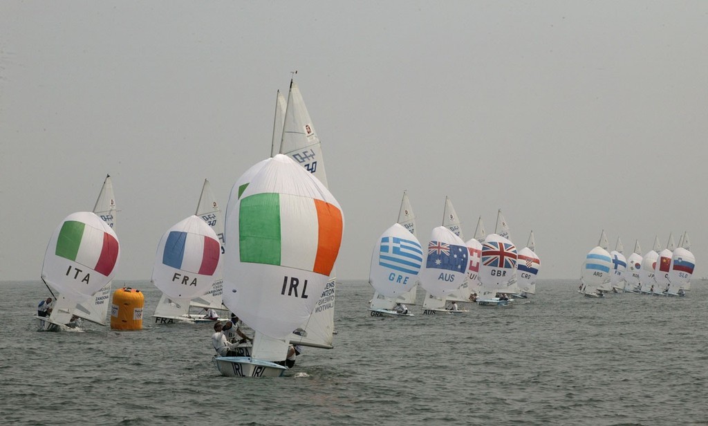 Qingdao Olympic Regatta 2008. Ireland leads the fleet, race 5, 470 Men  © Guy Nowell http://www.guynowell.com
