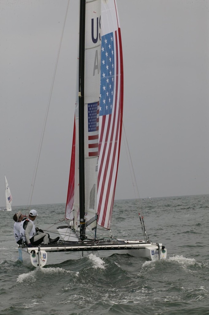Qingdao Olympic Regatta 2008. The much-discussed and reported upwind Code 0 on Charley Ogletree and John Lovell (USA)’s Tornado - from behind... © Guy Nowell http://www.guynowell.com