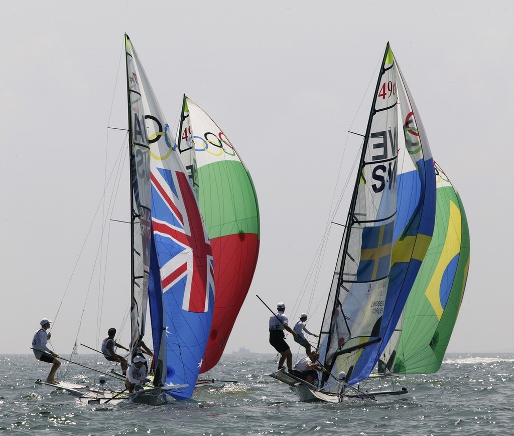 Qingdao Olympic Regatta 2008. 49ers dancing in the sunshine.  © Guy Nowell http://www.guynowell.com