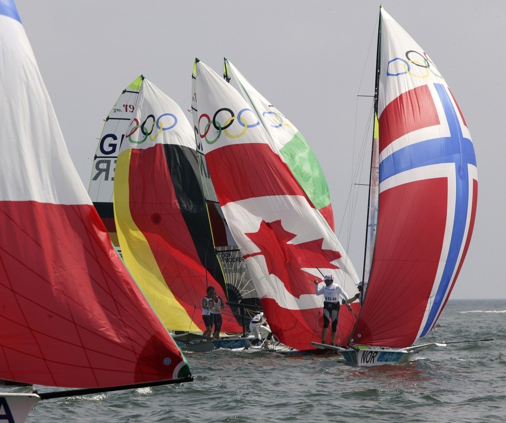 Qingdao Olympic Regatta 2008. No room at the finish. 49er. © Guy Nowell http://www.guynowell.com