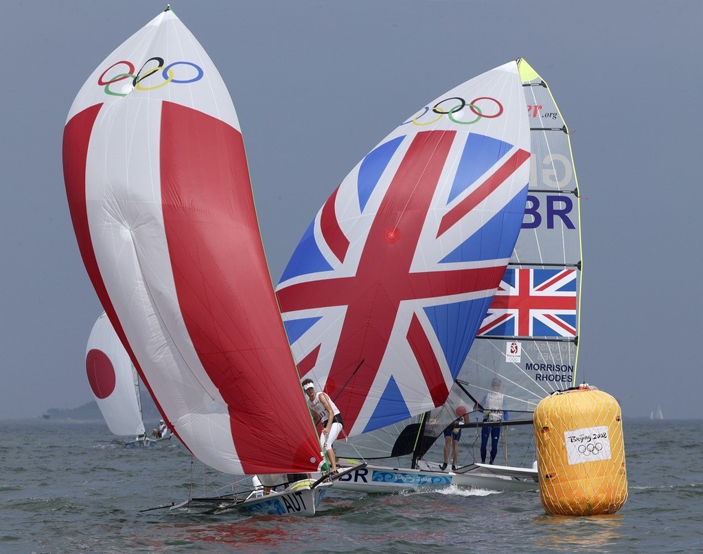 Qingdao Olympic Regatta 2008. AUT and GBR at the bottom mark. 49er. © Guy Nowell http://www.guynowell.com