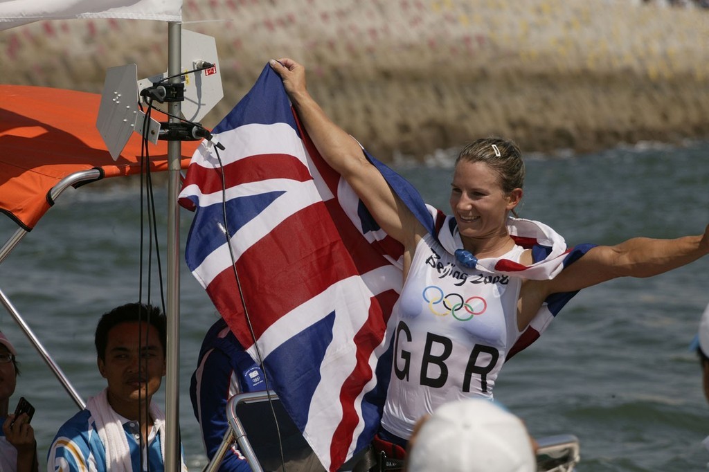 Qingdao Olympic Regatta 2008. RS:X Women’s medal race. Bryony Shaw (GBR) celebrates winning bronze. © Guy Nowell http://www.guynowell.com