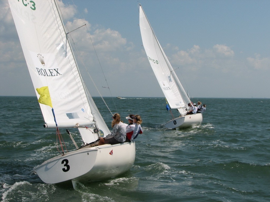 Debbie Capozzi (boat with 0 on stern) leads Genny Tulloch (boat with 3 on stern) on Saturday in the Rolex Women’s Match. Tulloch won the event overall with Capozzi finishing in second place - Rolex Womens Match Race © Charnel Doyle /SPYC
