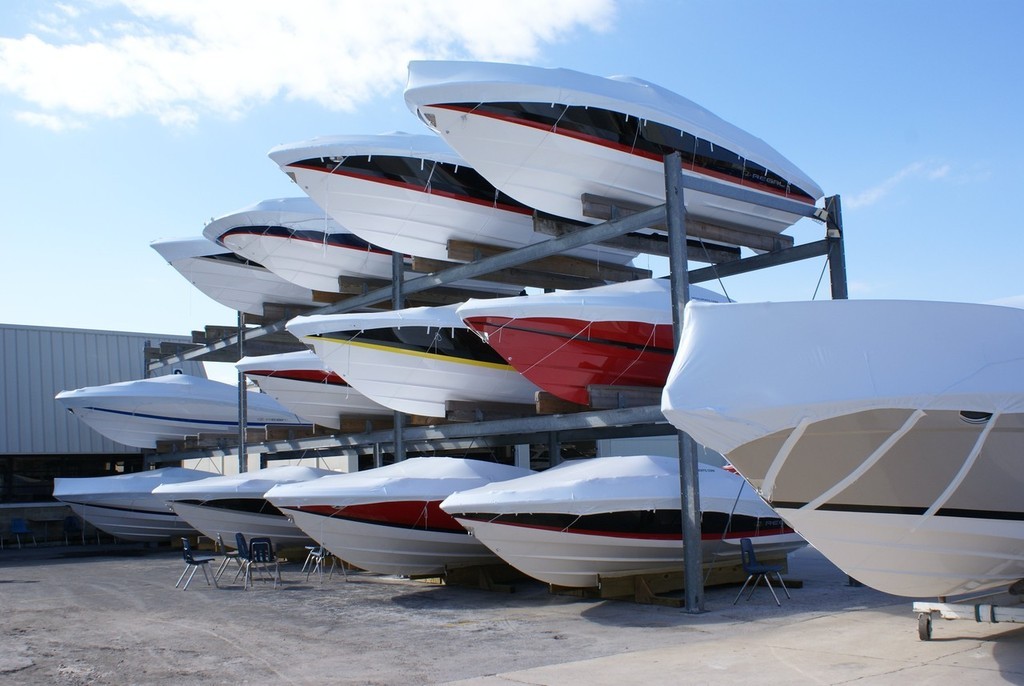 Ready to go - Regal runabouts shrink wrapped at ready for distribution. - Regal dealer meeting © Bob Wonders