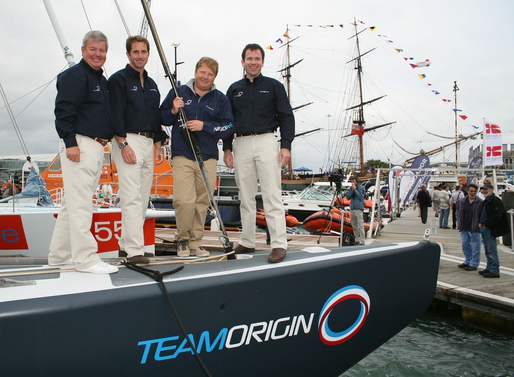 (l-r) Sir Keith Mills (Patron), Ben Ainslie (skipper), Charles Dunstone  (co-backer) and Mike Sanderson (ex CEO) aboard TEAM ORIGIN at the team launch in September 2007. © onEdition http://www.onEdition.com