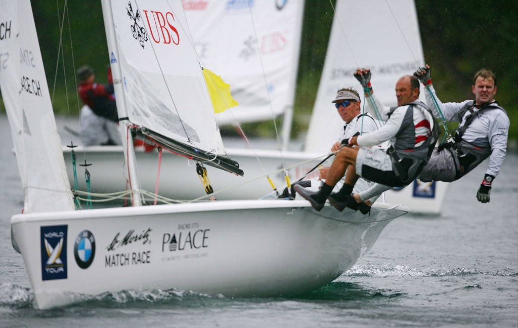 Skipper Jochen Schuemann and his then Alinghi crew lead Mark Mendelblatt in the Grand Prix Match racing World Tour in St Moritz, 2006 (World Tour/Guido Cantini photo) © WMRT http://www.worldmatchracingtour.com