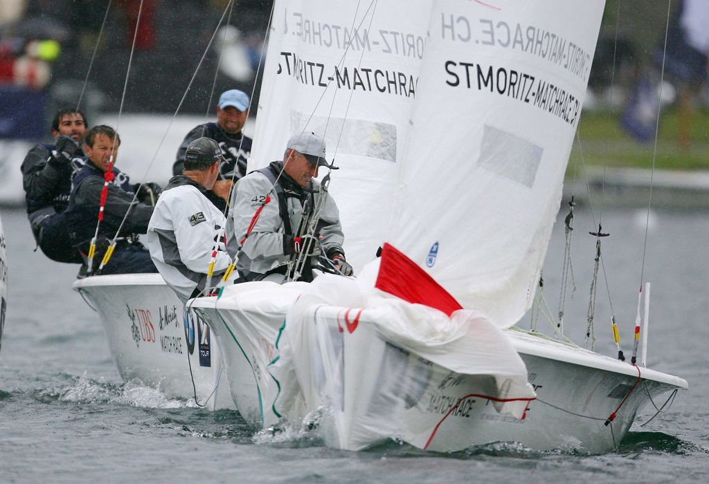 Mike Drummond pulls the takedown line for the spinnaker as skipper Ed Baird and Paolo Cian keep a watchful eye on each other. (World Tour/Guido Cantini photo) © WMRT http://www.worldmatchracingtour.com