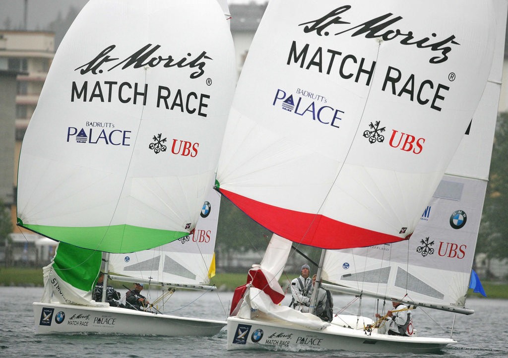 Ed Baird leads Paolo Cian downwind in Flight 3 to pull within 2-1 in the St. Moritz final, before shifty winds shut down the series. (World Tour/Guido Cantini photo) © WMRT http://www.worldmatchracingtour.com