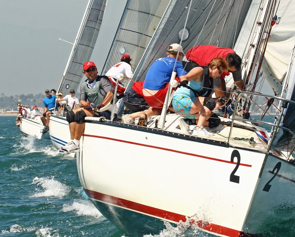 Third-place finisher overall, Steve Murphy’s JoAnn (foreground) in the tightly grouped Schock 35 fleet during the 2008 Schock 35 National Championship. © Rick Roberts 