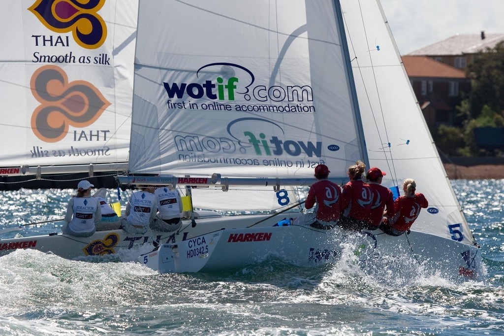 Australia’s Katie Spithill (Wotif.com) vs the world number one, France’s Claire Leroy (Thai Airways). photo copyright  Andrea Francolini Photography http://www.afrancolini.com/ taken at  and featuring the  class