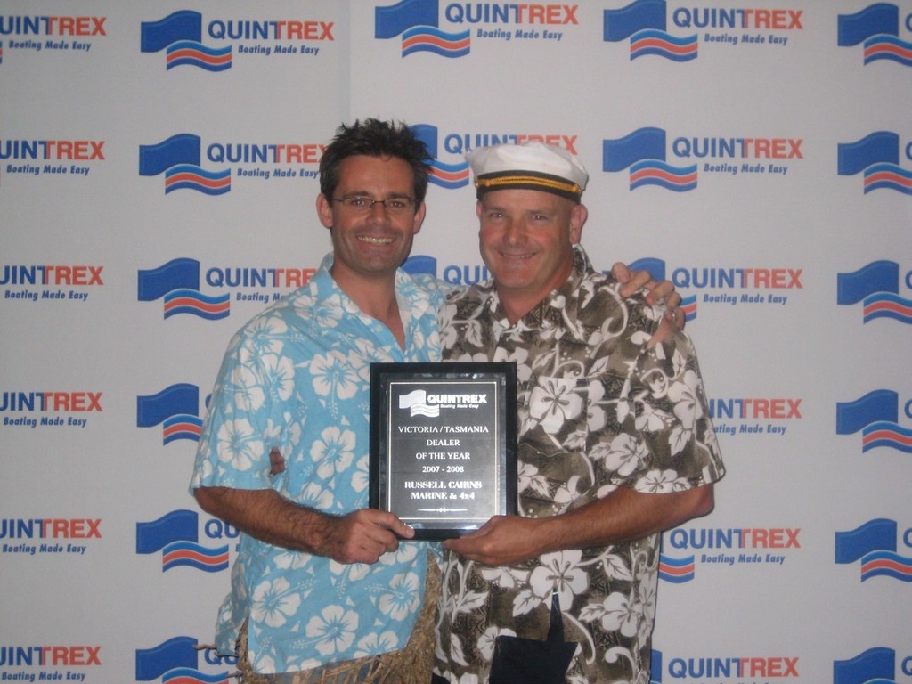 Des Hughes (left), sales manager for NSW, Victoria and Tasmania, with top southern states dealer principal Russell Cairns. - Quintrex names its top dealers photo copyright SW taken at  and featuring the  class