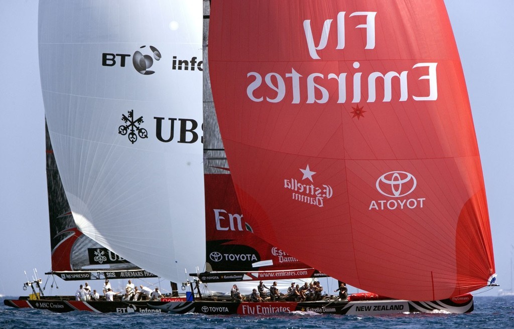 ©ThMartinez/Alinghi.  Race 6.EMIRATES TEAM NEW ZEALAND (NZL 92) 
NZL92 leading SUI100 in first downwind leg.


 photo copyright Thierry Martinez/Alinghi - Copyright taken at  and featuring the  class