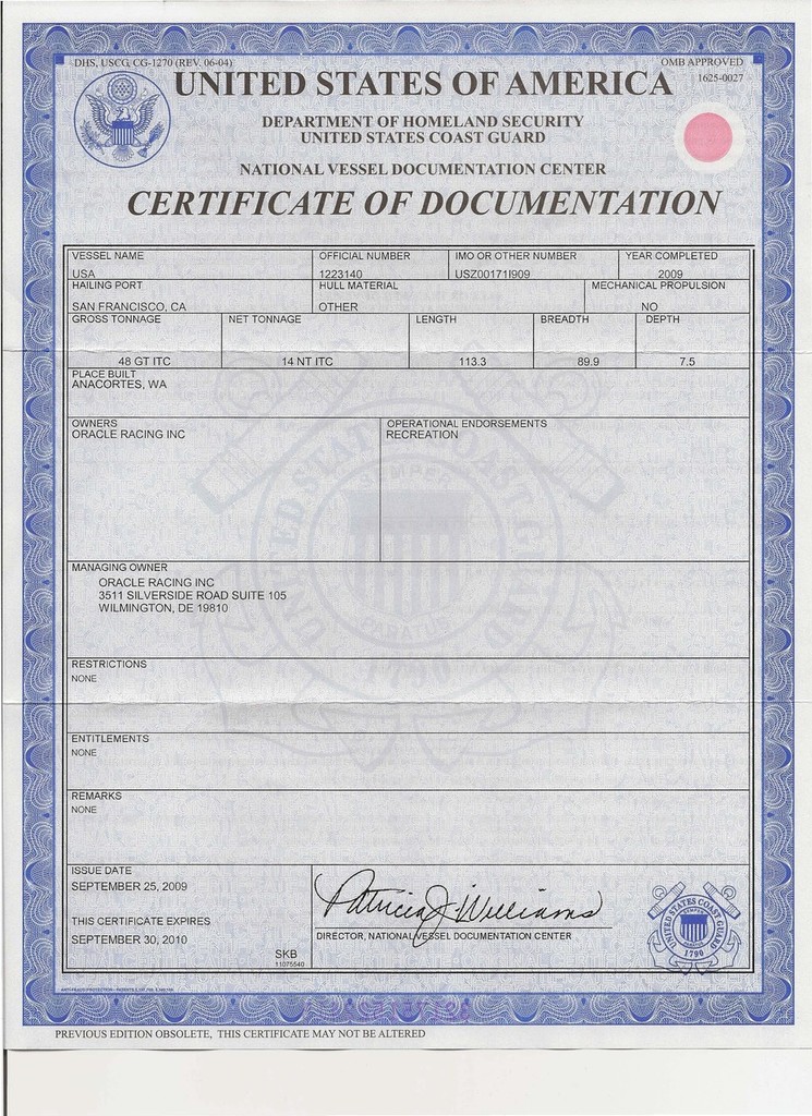 USA Certificate of Documentation Page 1 photo copyright BMW Oracle Racing http://bmworacleracing.com taken at  and featuring the  class
