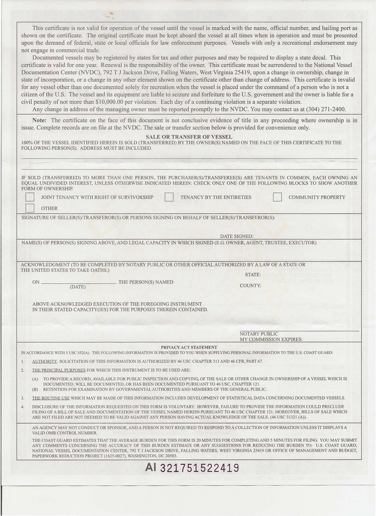USA Certificate of Documentation Page 2 photo copyright BMW Oracle Racing http://bmworacleracing.com taken at  and featuring the  class