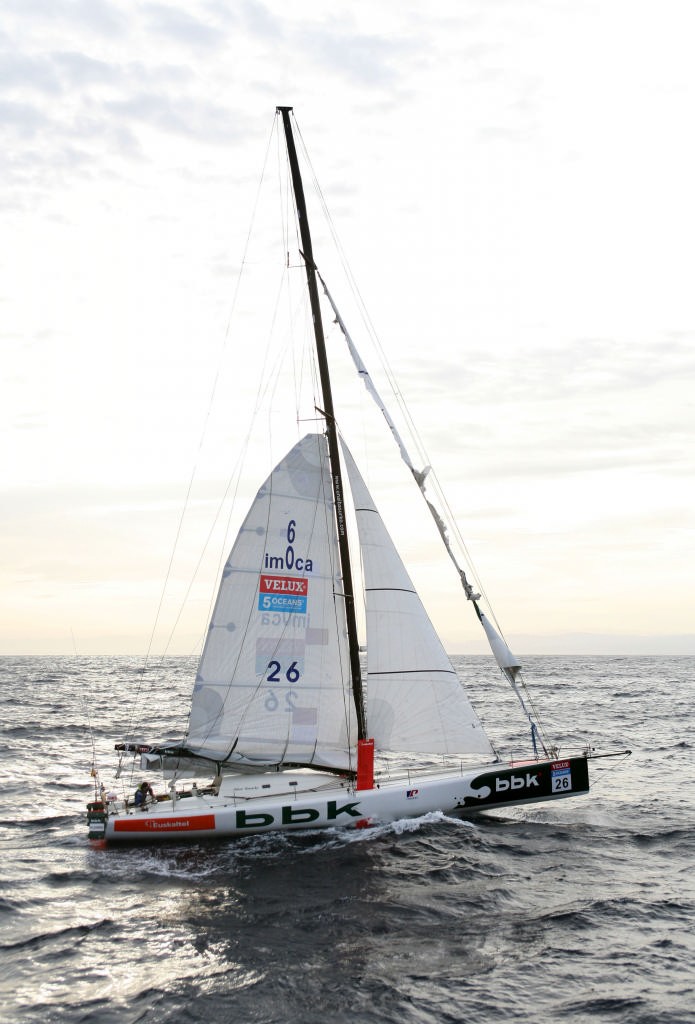 Unai Basurko (PAKEA), limps into port with damage on day 3 of the VELUX 5 Oceans. having survived winds of up to 70 knots in the Bay of Biscay. photo copyright onEdition http://www.onEdition.com taken at  and featuring the  class