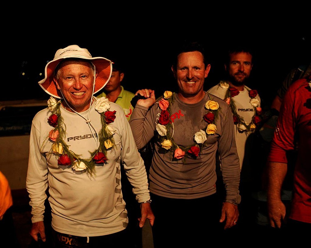 Neil Pryde (left) leads ashore a very happy Hi Fi crew. VinaCapital Vietnam Race 2008 © Guy Nowell http://www.guynowell.com