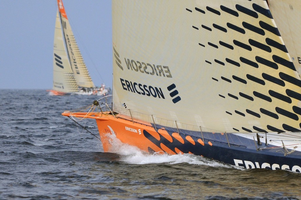 Ericsson 3 and Ericsson 4 battle it out for contention in the Gibraltar strait during leg 1 of the Volvo Ocean Race. ©  David Kneale/Volvo Ocean Race http://www.volvooceanrace.com/