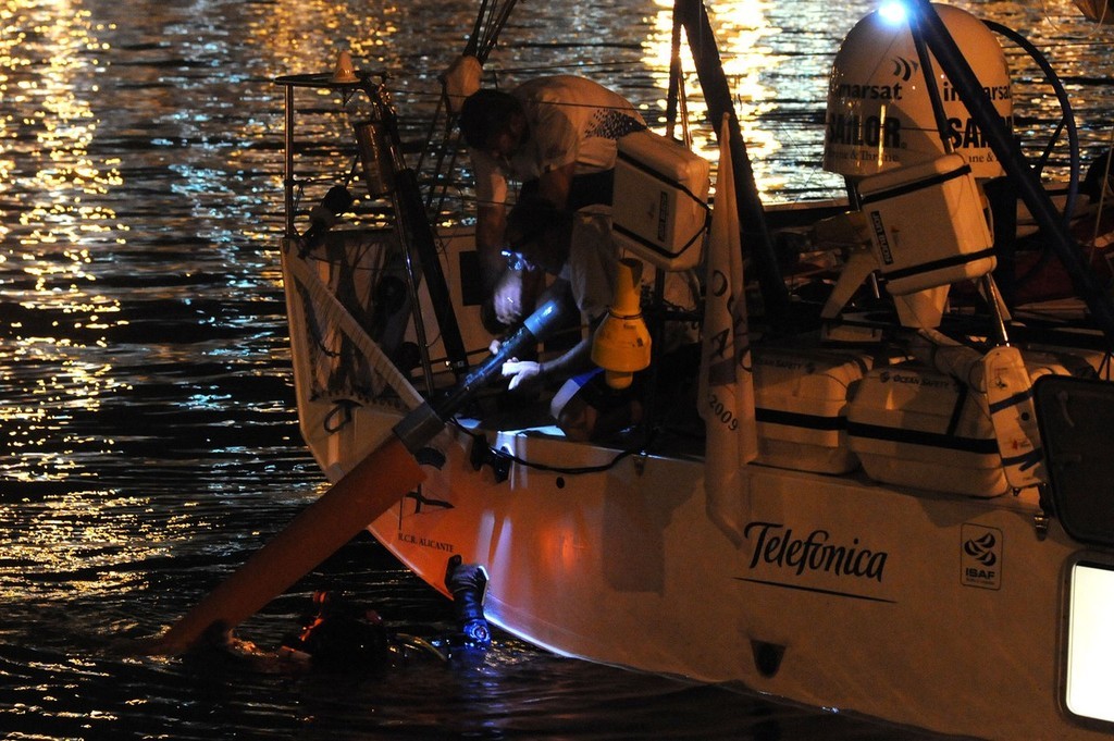 Telefonica Blue officially suspended racing having reached landfall near Gibraltar last night to undertake repairs to the steering gear they damaged soon after the race start in Alicante. ©  David Kneale/Volvo Ocean Race http://www.volvooceanrace.com/