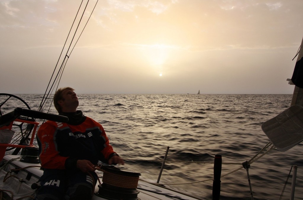 Guy Salter/Ericsson 4: Dave Endean (NZL) trimming on Ericsson 4, 12th October 2008, 45 miles from the Gibraltar straights with Ericsson 3 to leeward. 0700UTC on leg 1 of the Volvo Ocean Race<br />
<br />
 © Volvo Ocean Race http://www.volvooceanrace.com