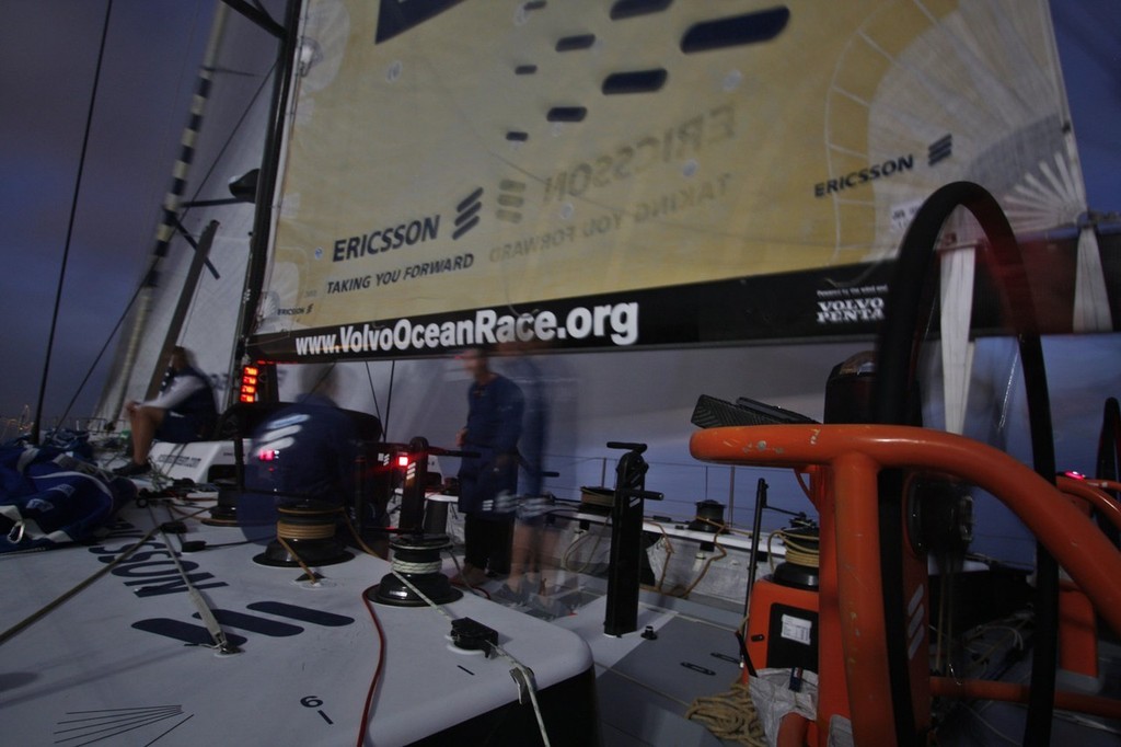 Gustav Morin/Ericsson Racing Team: Ericsson 3 heads away from Gibraltar at night, on leg 1 of the Volvo Ocean Race. © Volvo Ocean Race http://www.volvooceanrace.com
